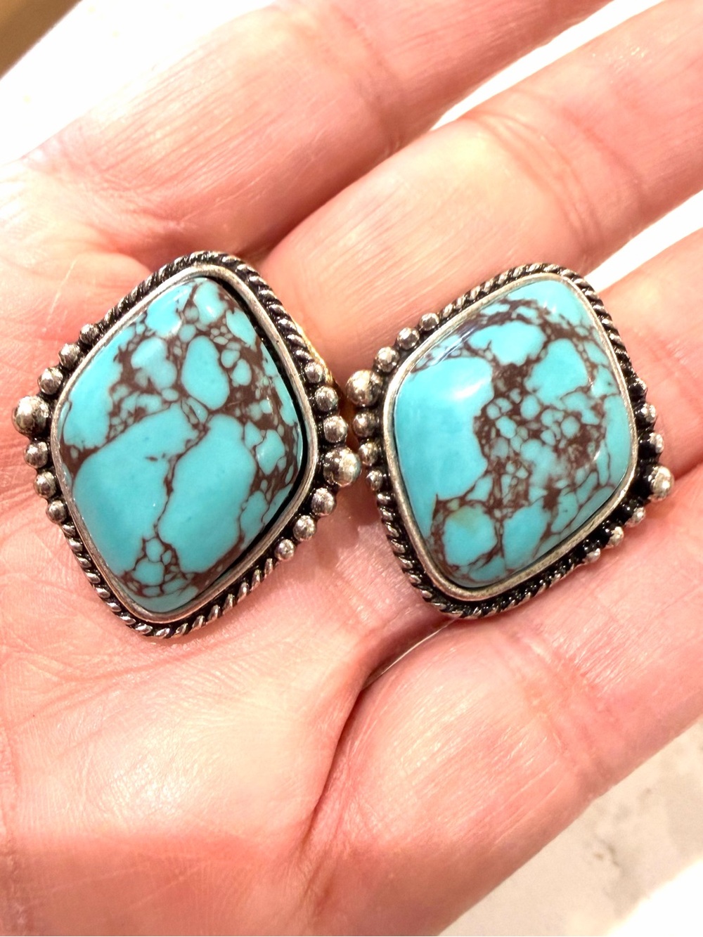 Turquoise Matrix Silver-Trim Stud Earrings - Turquoise Silver Tone